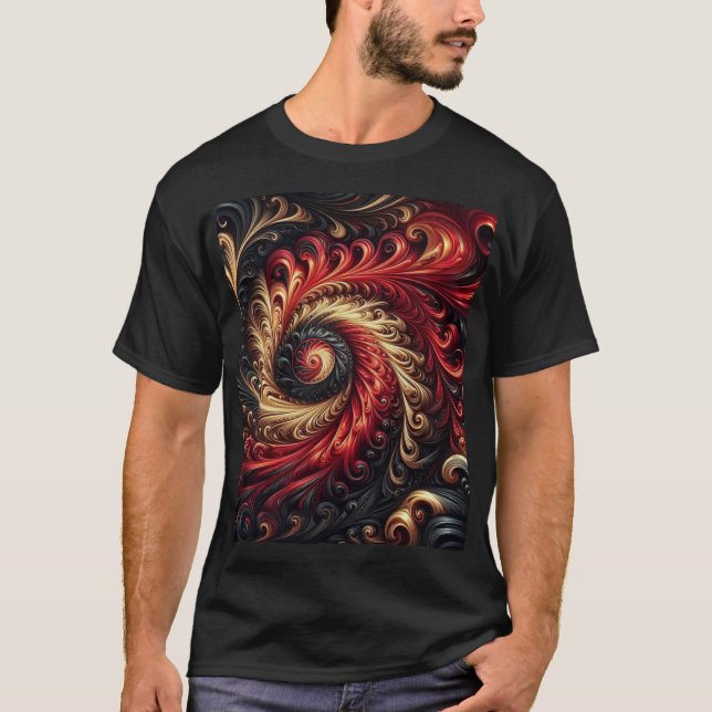 Abstrakt Modern Swirling Red, Black och Guld T Shirt (Framsida)