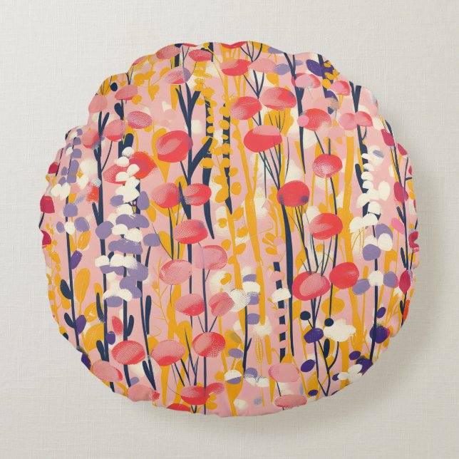 Abstrakt Modern Trädgård med Vilda Blommor Rund Kudde (Framsidan)