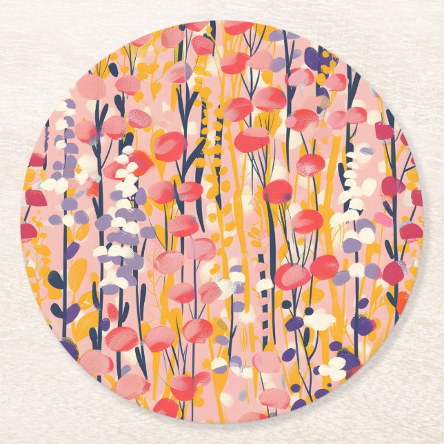 Abstrakt Modern Trädgård med Vilda Blommor Underlägg Papper Rund (Framsidan)