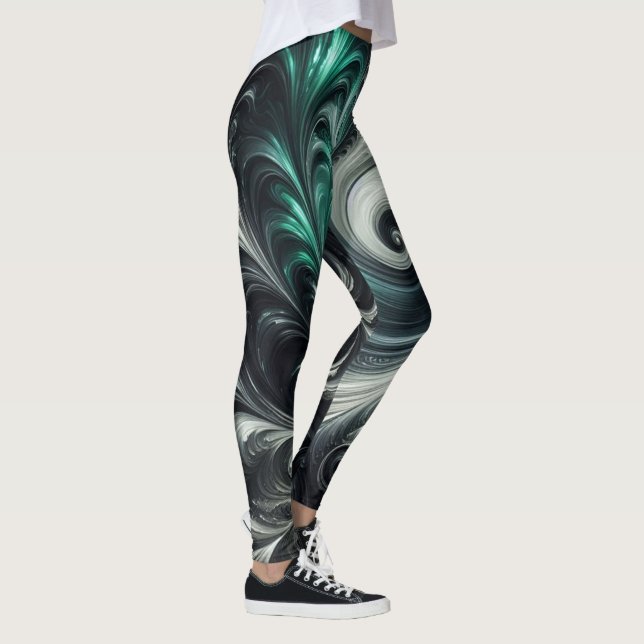 Abstrakt Modern Virvlande Grön, Silver och Svart Leggings (Höger)