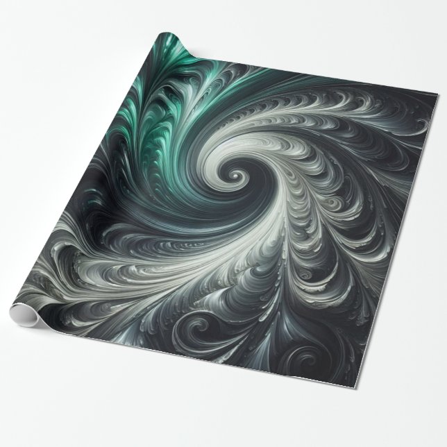 Abstrakt modern virvlande grön, silver och svart presentpapper (Utrullad)