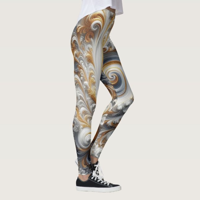 Abstrakt Modern Virvlande Guld, Svart och Vitt  Leggings (Höger)