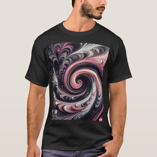 Abstrakt Modern Virvlande Rosa, Svart och Vitt T Shirt (Framsida)