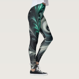 Abstrakt Modern Wirling Grönt, Silver och Black Leggings