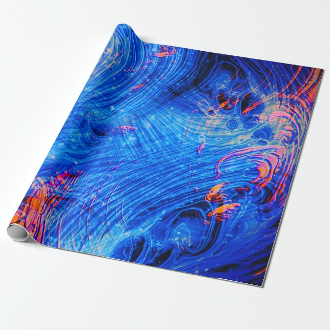 Abstrakt Molten flytande Saphire Blue och Orange Presentpapper (Utrullad)