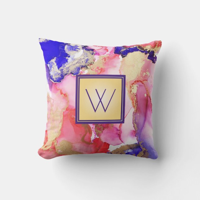 Abstrakt Monogram Fluid Rosa Lila Guld Metallic Kudde (Framsida)