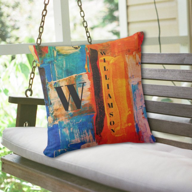 Abstrakt Monogram Orange Blue Black Kudde (Skapare uppladdad)