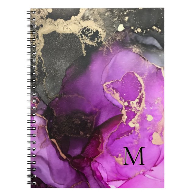 Abstrakt Monogram Rosa Svart Guld Alkoholbläck Anteckningsbok (Framsidan)