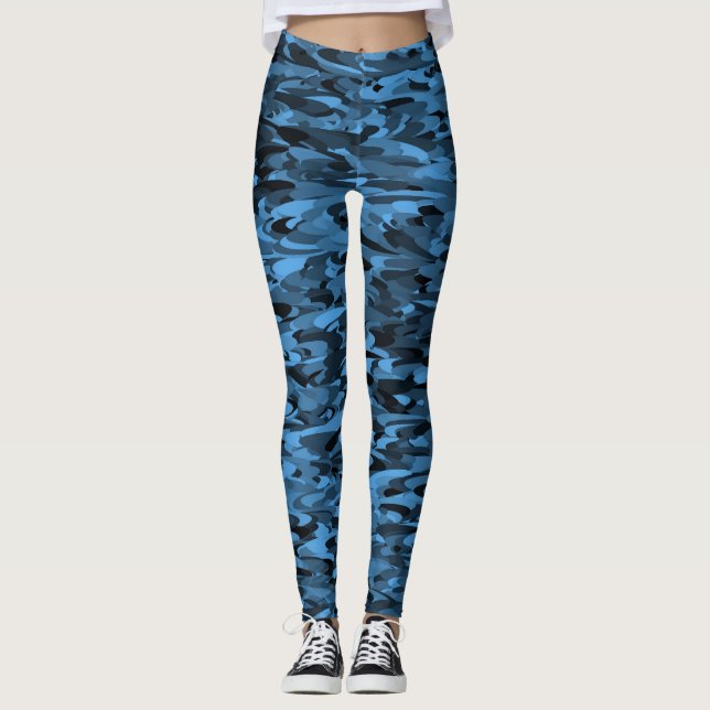 Abstrakt Mönster Blue Black Leggings (Framsida)