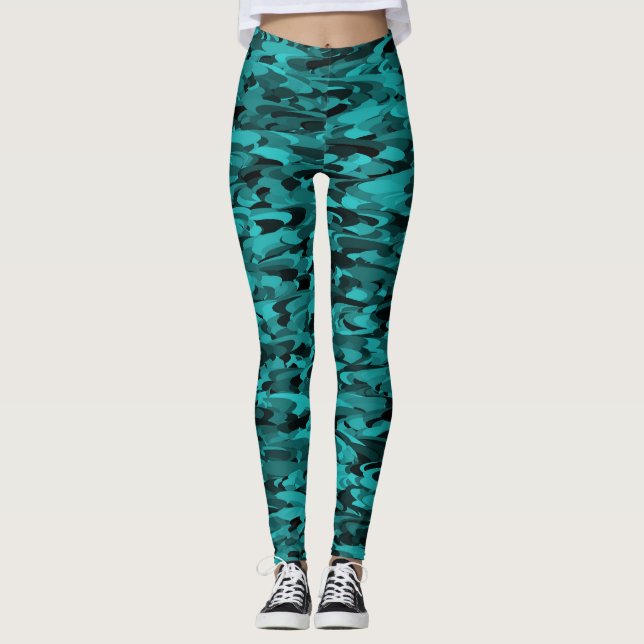 Abstrakt Mönster Teal Black Leggings (Framsida)