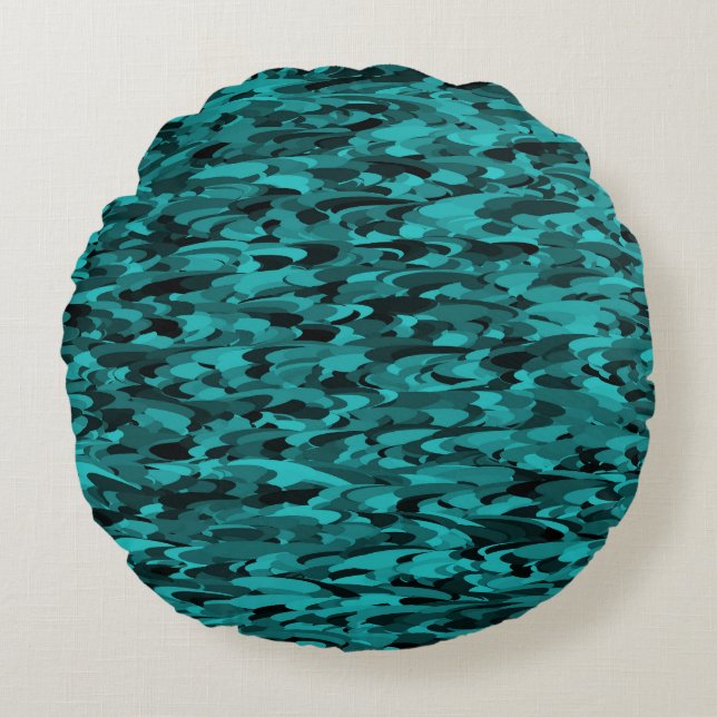 Abstrakt Mönster Teal Black Rund Kudde (Framsidan)