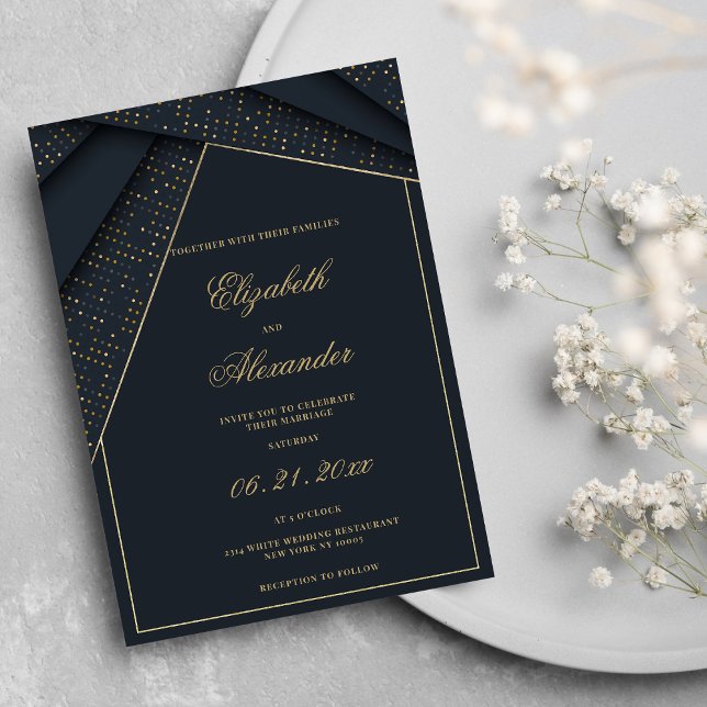 Abstrakt mörk blått elegant guld geometrisk bröllo inbjudningar (Abstract dark blue elegant gold geometric wedding)
