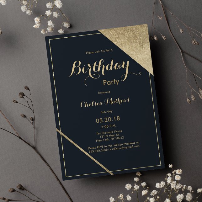 Abstrakt mörk blått guld geometrisk Födelsedagsfes Inbjudningar (Abstract dark blue gold geometric Birthday Party)