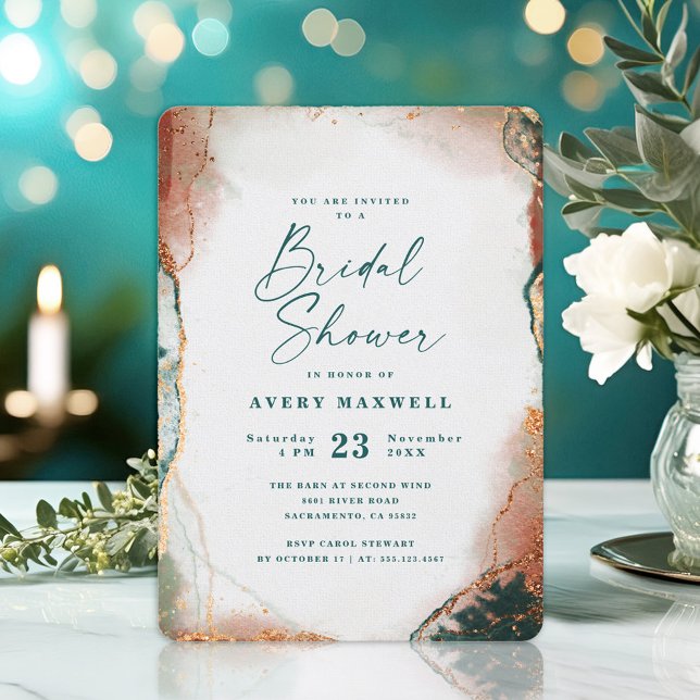 Abstrakt Mörk Teal & Copper Fall Möhippa Inbjudningar (A chic invitation featuring a blend of teal and copper, perfect for celebrating a bridal shower.)