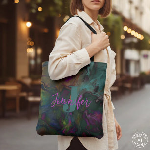 Abstrakt mörk teal & lila flytande färgmonogram tygkasse