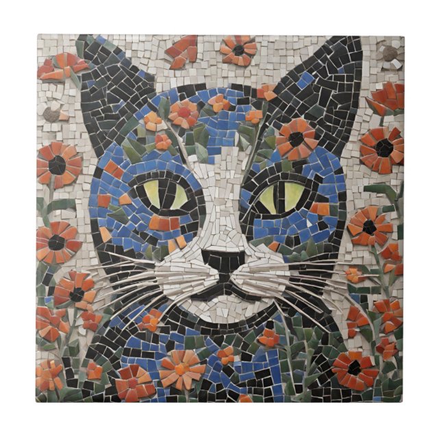 Abstrakt Mosaic Cat med blommor Kakelplatta (Framsidan)