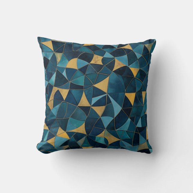 Abstrakt Mosaic i Blå och Guld Kudde (Framsida)
