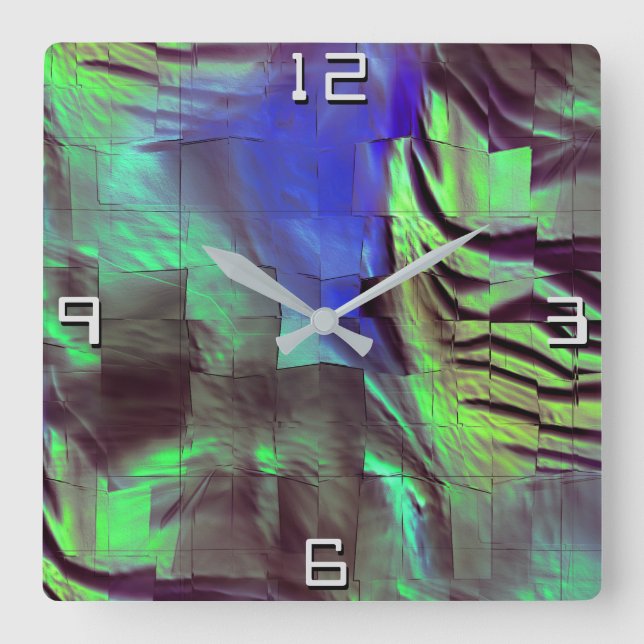 Abstrakt mosaic teckning av bergig grönt och blå fyrkantig klocka (Framsida)