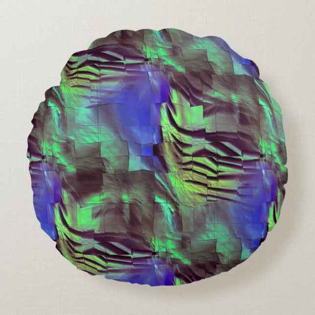 Abstrakt mosaik teckning av rustisk grönt och blåt rund kudde (Framsidan)