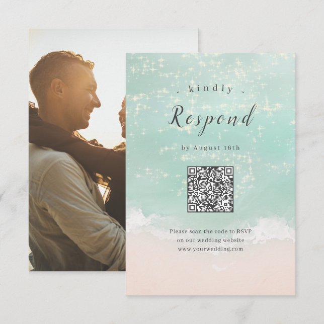 Abstrakt mousserande havsstrandbröllop QR-kod OSA Kort (Fram/baksida)