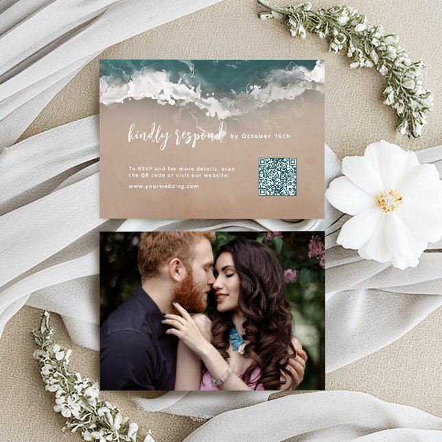 Abstrakt mousserande moody havsstrand QR-kod OSA Kort (Abstract sparkling moody ocean beach QR code RSVP Card)