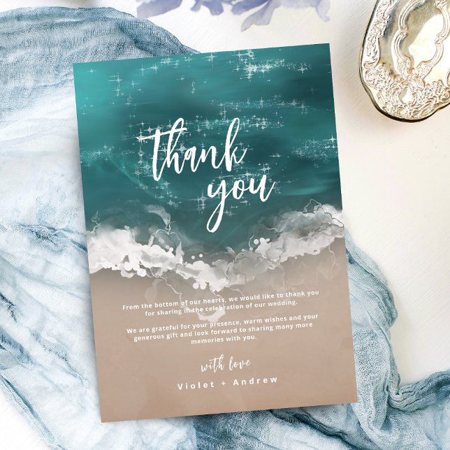 Abstrakt mousserande moody havsstrandbröllop tack kort (Abstract sparkling moody ocean beach wedding thank you card)