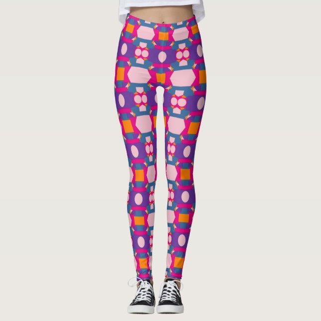 Abstrakt Multifärgat Mönster med Rosa Geometri Leggings (Framsida)