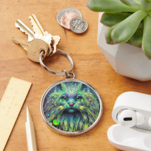 Abstrakt Mystical Cat Fantasy Art Rund Silverfärgad Nyckelring