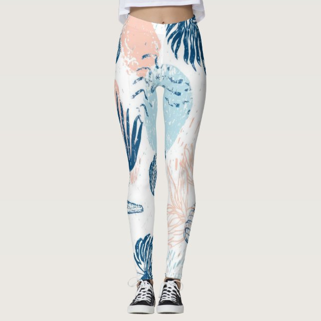 Abstrakt nautisk strand blå persika distressed (1) leggings (Framsida)