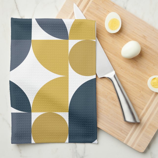 Abstrakt Navy Mustard Geometric Mönster Kökshandduk (Vikt i Fjärdedel)