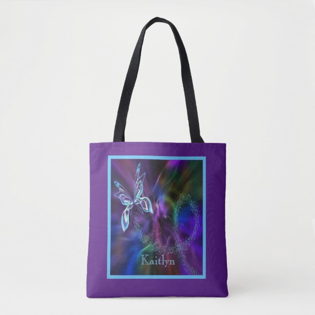 Abstrakt Neon Blue Lila Bright Butterfly Tote Tygkasse (Framsida)