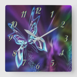 Abstrakt Neon Blue Lila Butterfly Fractal Art Fyrkantig Klocka