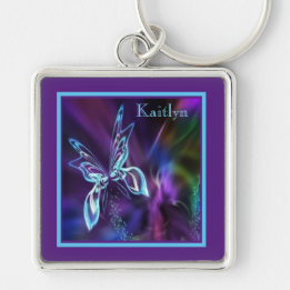 Abstrakt Neon Blue Lila Butterfly Premium Fyrkantig Silverfärgad Nyckelring