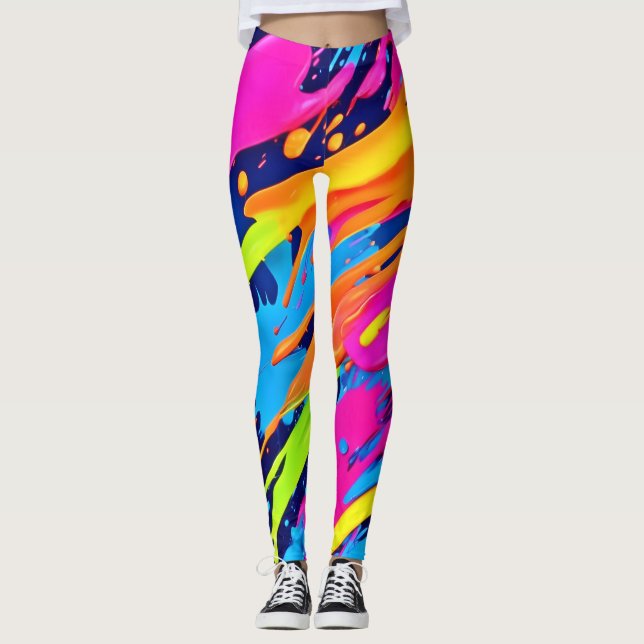 Abstrakt Neon Brushstrokes Stänk Art Leggings (Framsida)