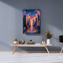 Abstrakt Neon City Skyline Sunset Glow Digital Art