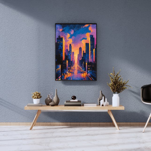 Abstrakt Neon City Skyline Sunset Glow Digital Art Fototryck (Skapare uppladdad)
