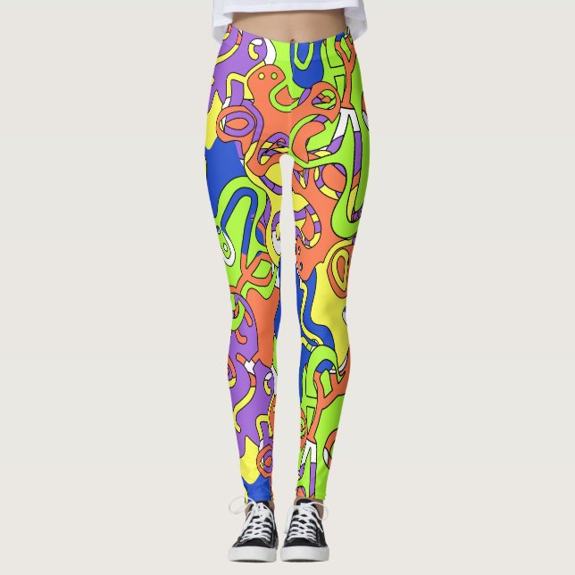 Abstrakt neon-klotter labyrintmönster leggings (Framsida)