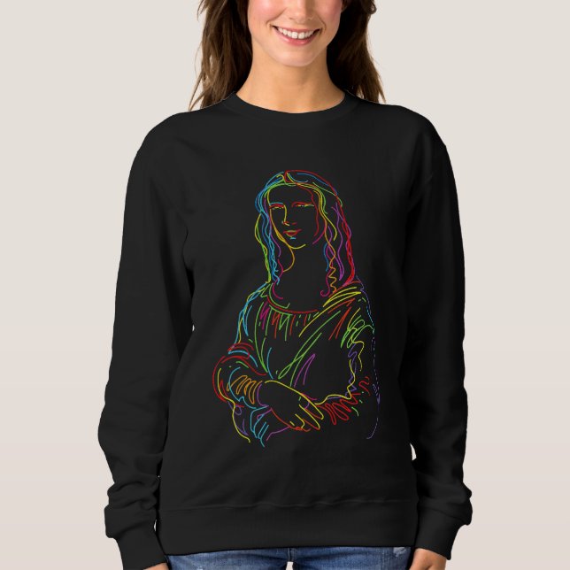 Abstrakt Neon Mona Lisa Line Art T Shirt (Framsida)