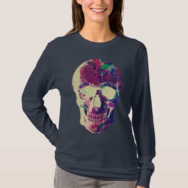 Abstrakt Neon Skull: Vibrant Chaos T Shirt (Framsida)