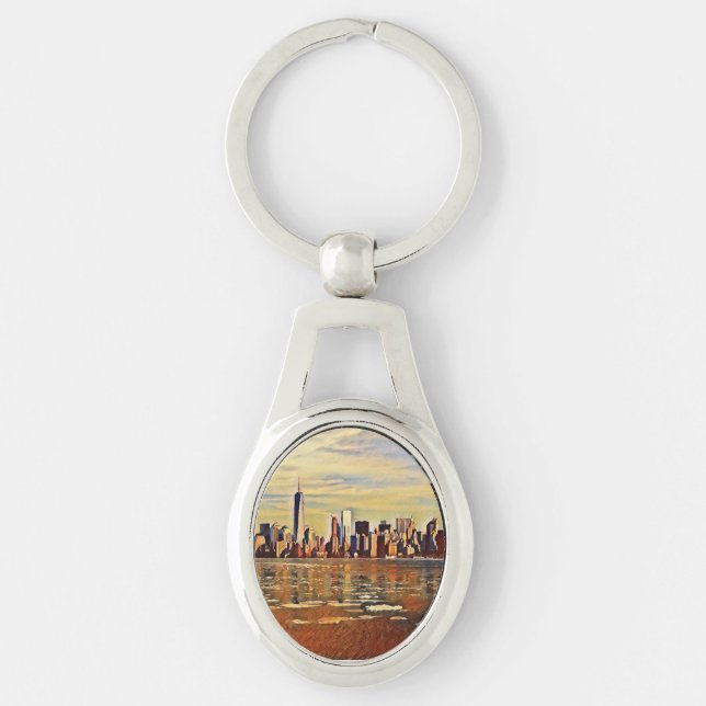 Abstrakt New York Skyline Ovalt Silverfärgad Nyckelring (Framsidan)
