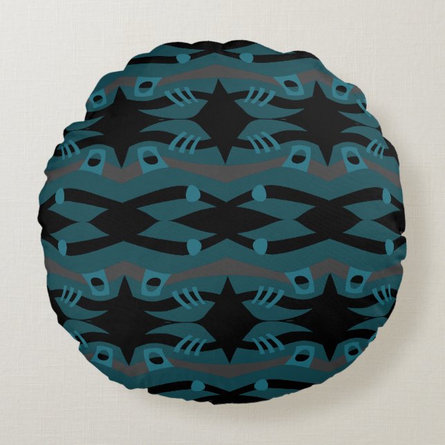 Abstrakt Noahs Ark Black Teal Grått Rund Kudde (Framsidan)