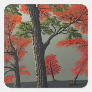 Abstrakt Northern Autumn Woodland Fyrkantigt Klistermärke