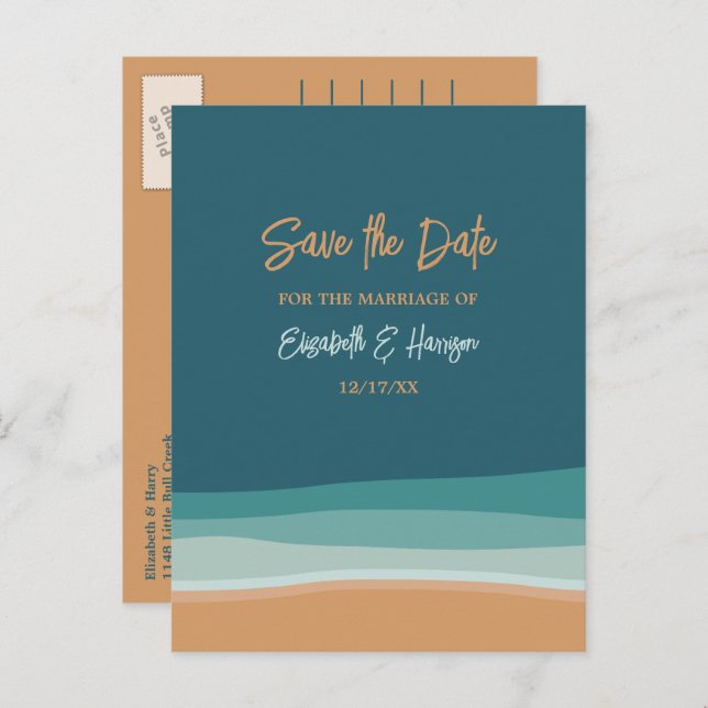 Abstrakt Ocean Beach bröllopsdatum Spara datum Meddelande Vykort (Fram/baksida)