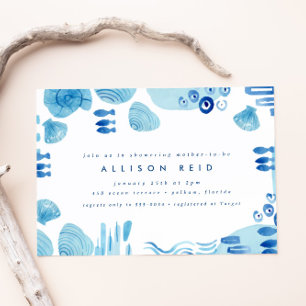 Abstrakt Ocean Blue Seashell Sea Boy Shower Inbjudningar