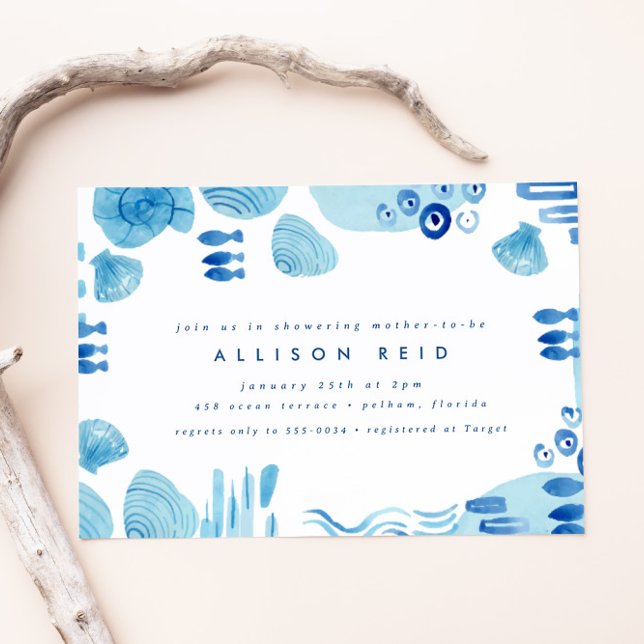 Abstrakt Ocean Blue Seashell Sea Boy Shower Inbjudningar (Skapare uppladdad)