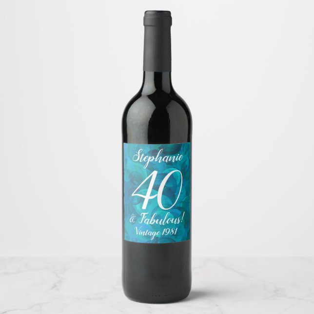 Abstrakt Ocean Blue Teal 40 och Fabulous Birthday Vinflaska Etikett (Framsida)