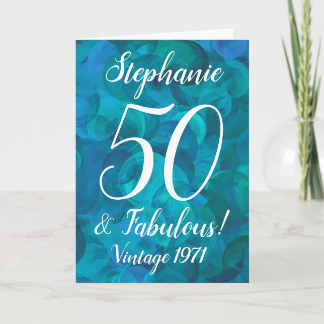 Abstrakt Ocean Blue Teal 50 och Fabulous Birthday Kort (Framsida)