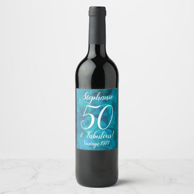 Abstrakt Ocean Blue Teal 50 och Fabulous Birthday Vinflaska Etikett (Framsida)