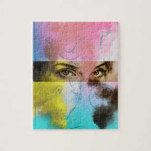 Abstrakt Öga Pop Art - Rosa, Gult, blått och brunt Pussel