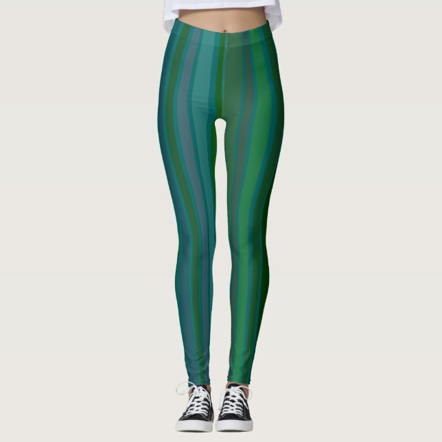 Abstrakt, Ojämn, Skev Randig i Grönt och Blått Leggings (Framsida)